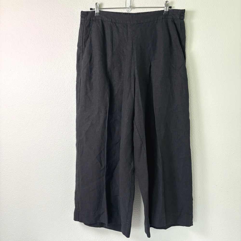 Chicos Wide Leg Pants Size 2.5 US 14 Black Linen Pull On Elastic Waist Lagenlook